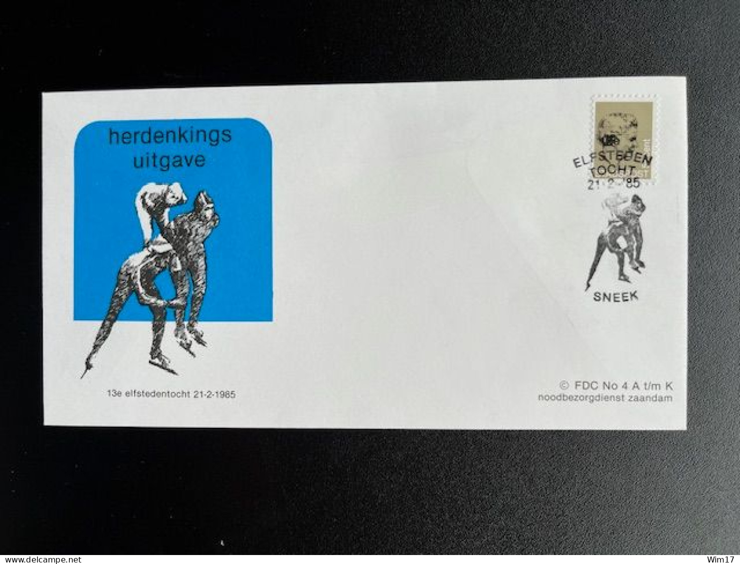 NETHERLANDS 1985 FDC 4 LOCAL MAIL SERVICE ZAANDAM ICE SKATING 21-02-1985 NEDERLAND STADSPOST ELFSTEDENTOCHT SNEEK - Storia Postale