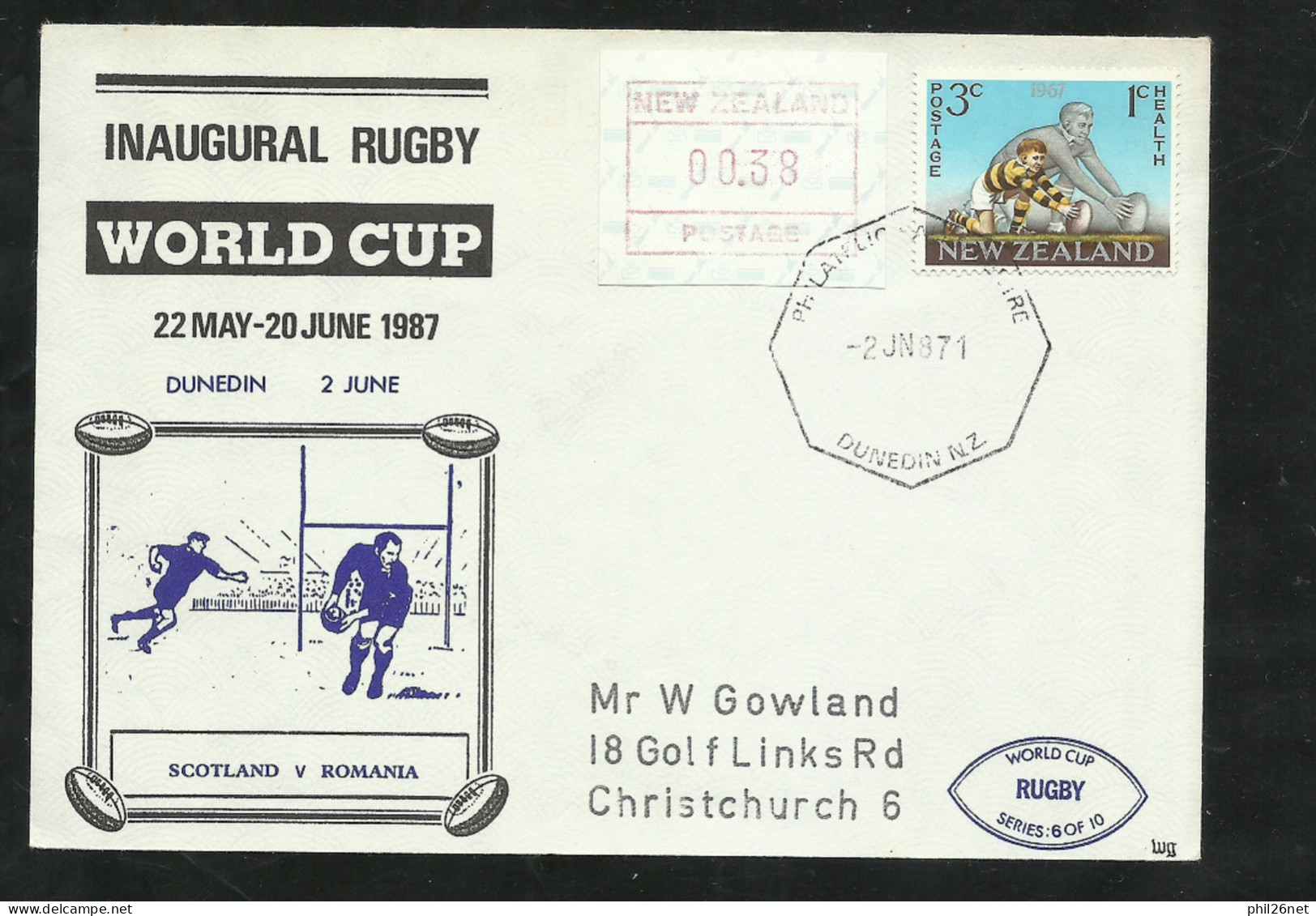 Nouvelle Zélande Coupe Du Monde 1987 Lettre Illustrée De Dunedin 2/6/1987 N°463 + Vignette 0,38 Cents B/ TB Soldé ! ! - Rugby