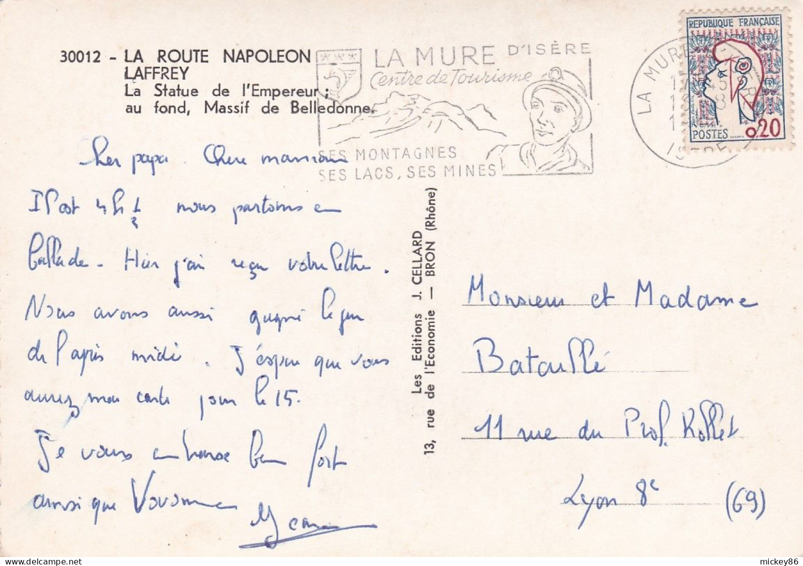 LAFFREY--1961--La Route Napoléon--La Statue De L'Empereur, Au Fond, Massif De Belledonne.....timbre....cachet LA MURE-38 - Laffrey