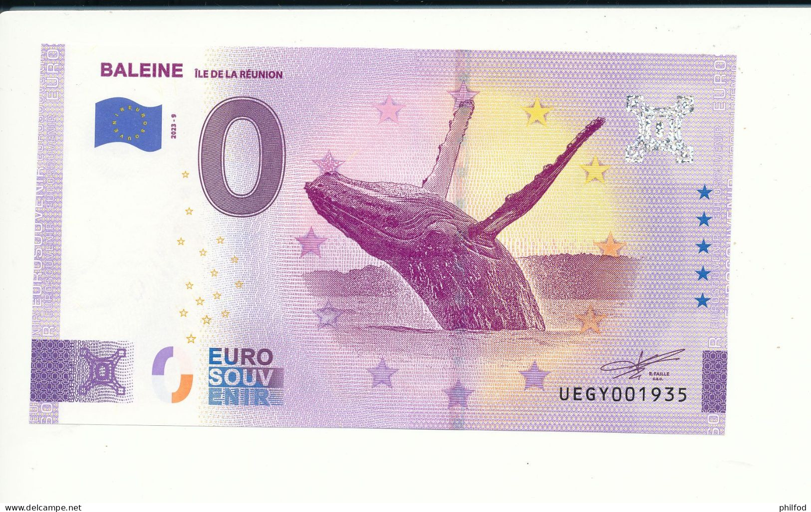 Billet Souvenir - 0 Euro - BALEINE - ILE DE LA REUNION - UEGY - 2023-9 - N° 1935 - Billet épuisé - Kiloware - Banknoten
