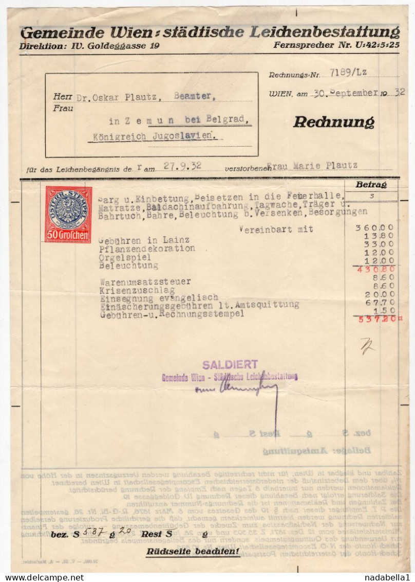 1932. AUSTRIA,VIENNA,INTERNATIONAL REMOVALS,INVOICE TO ZEMUN,KINGDOM OF SHS,50 GR. REVENUE STAMP - Revenue Stamps