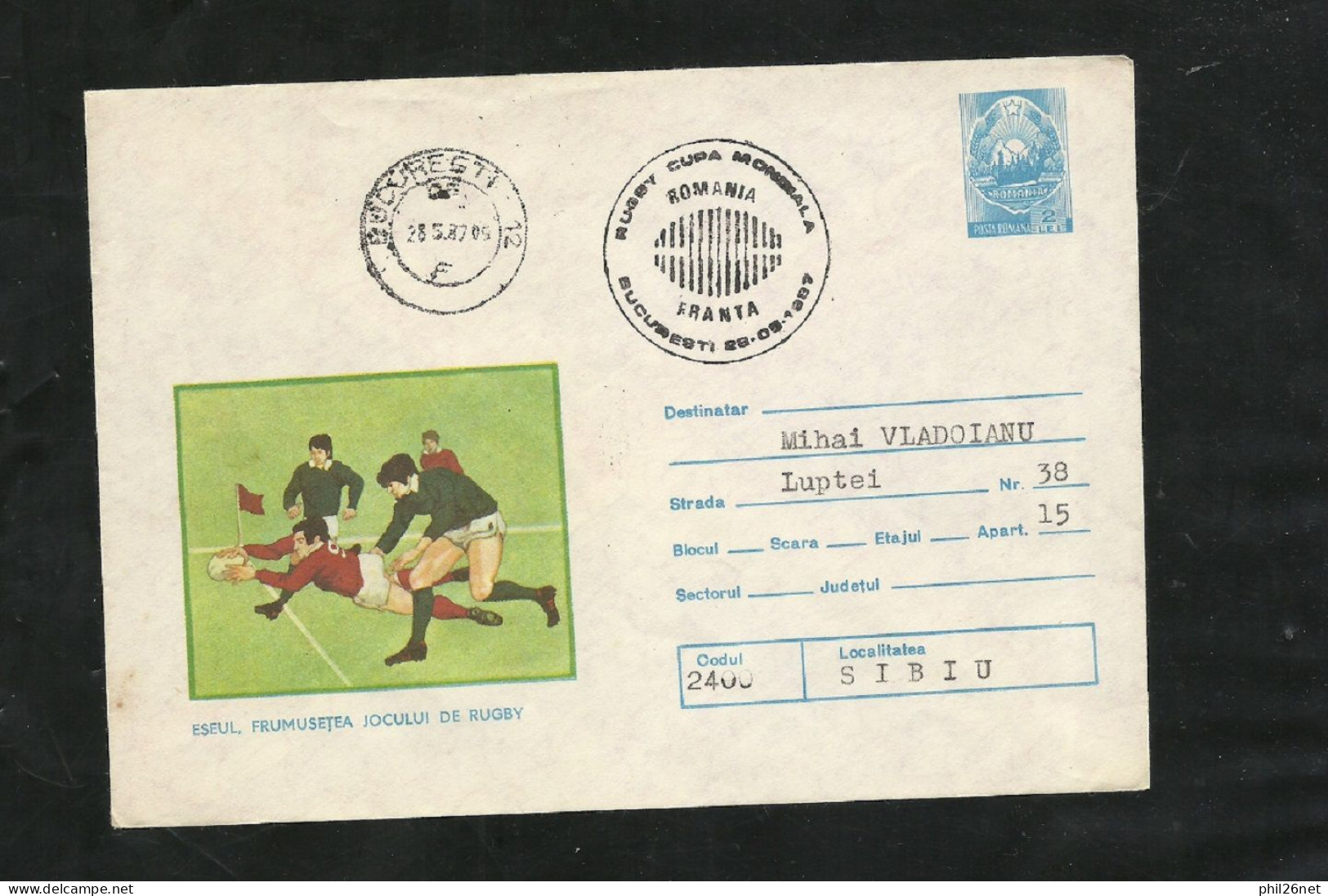 Roumanie Entier Postal 2 Lei Rugby 2 Cachets Bucarest Illustré Coupe Du Monde De Rugby France Roumanie Le 28/5/1987 B/TB - Rugby