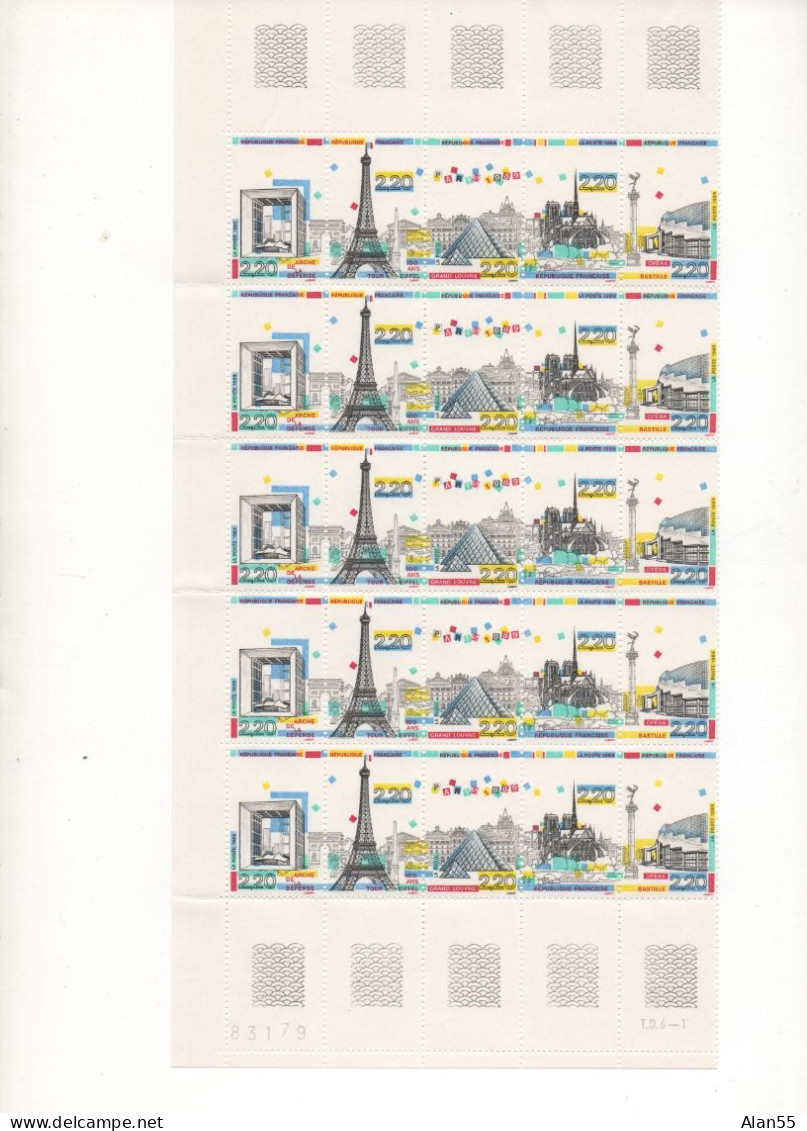 FRANCE.1989.  "PANORAMA DE PARIS".MONUMENTS FEUILLE NEUVE** DE 5 BANDES.THEMES DIVERS. - Monumenten