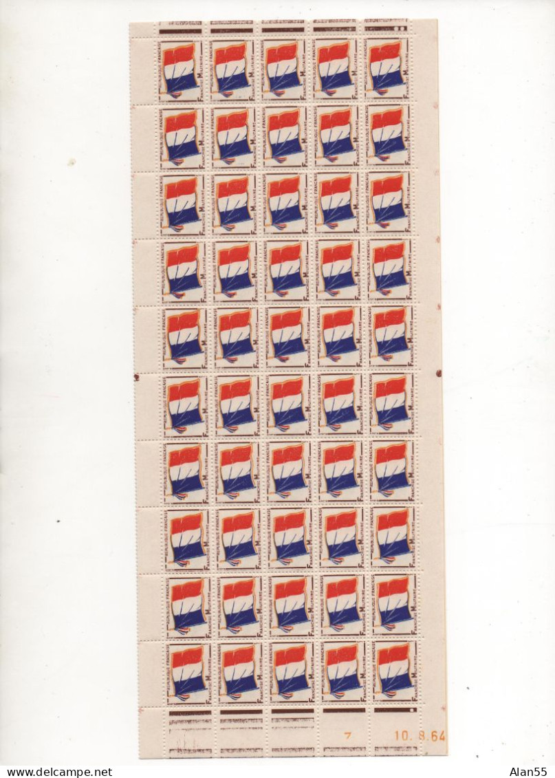 FRANCE.1964.  "TIMBRE DE FRANCHISE MILITAIRE". FEUILLE ENTIERE NEUVE**DE 100 TIMBRES POSTE AVEC COIN DATE.VARIETE. - Francobolli