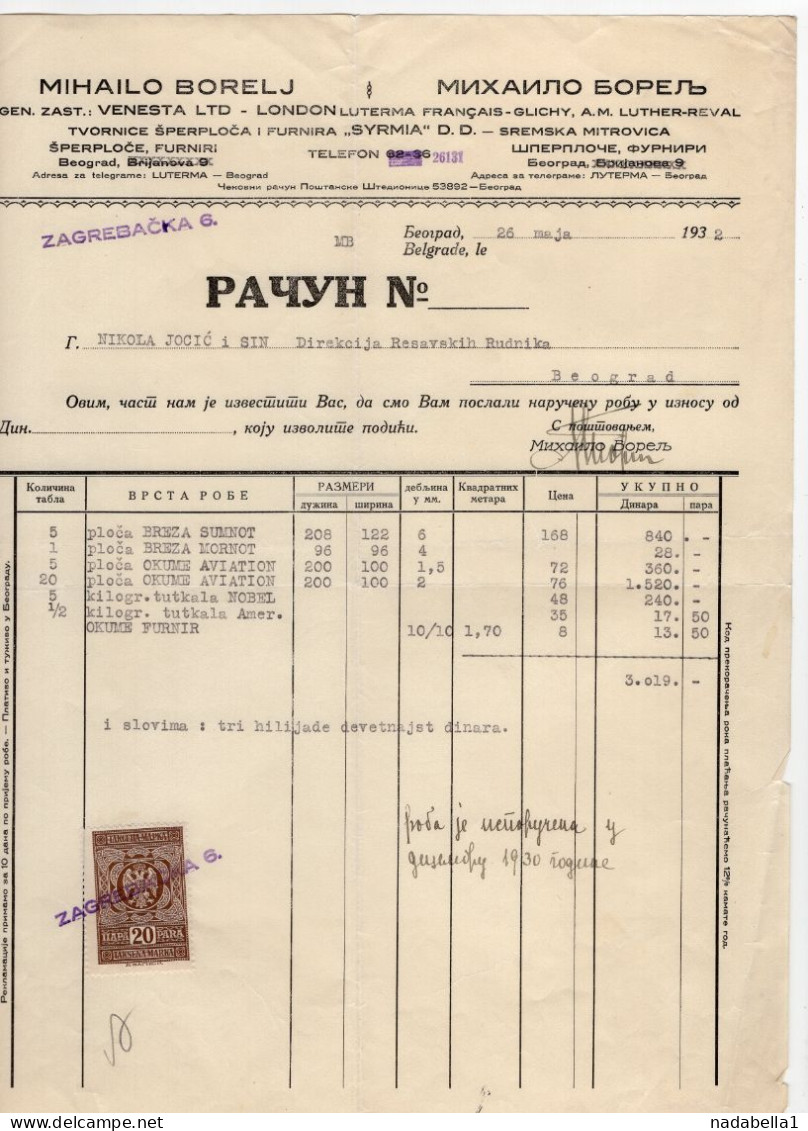 1932. KINGDOM OF YUGOSLAVIA,SERBIA,BELGRADE,M. BORELJ,INVOICE,1 STATE REVENUE STAMP - Brieven En Documenten