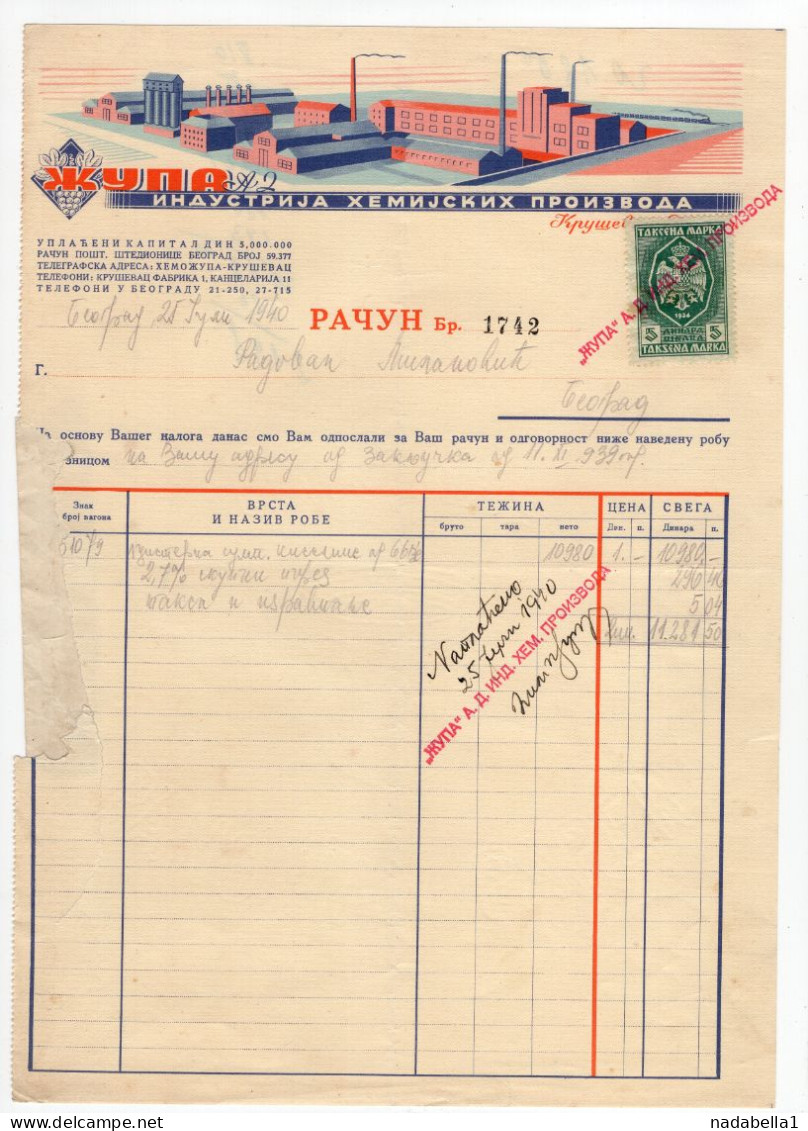 1939. KINGDOM OF YUGOSLAVIA,SERBIA,KRUSEVAC,ŽUPA,CHEMICAL INDUSTRY,INVOICE ON LETTERHEAD,1 STATE REVENUE STAMP - Covers & Documents