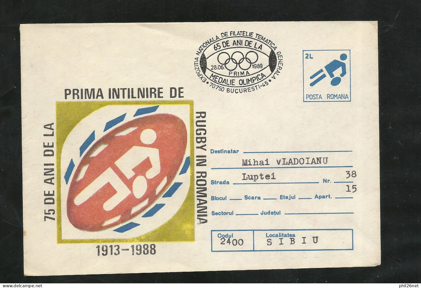 Roumanie Entier Postal Rugby 2 Lei Illustré 75 Ans Rugby Cachet Illustré Rugby 65 Ans Médaille Olympique 28/6/1989 B/TB - Rugby