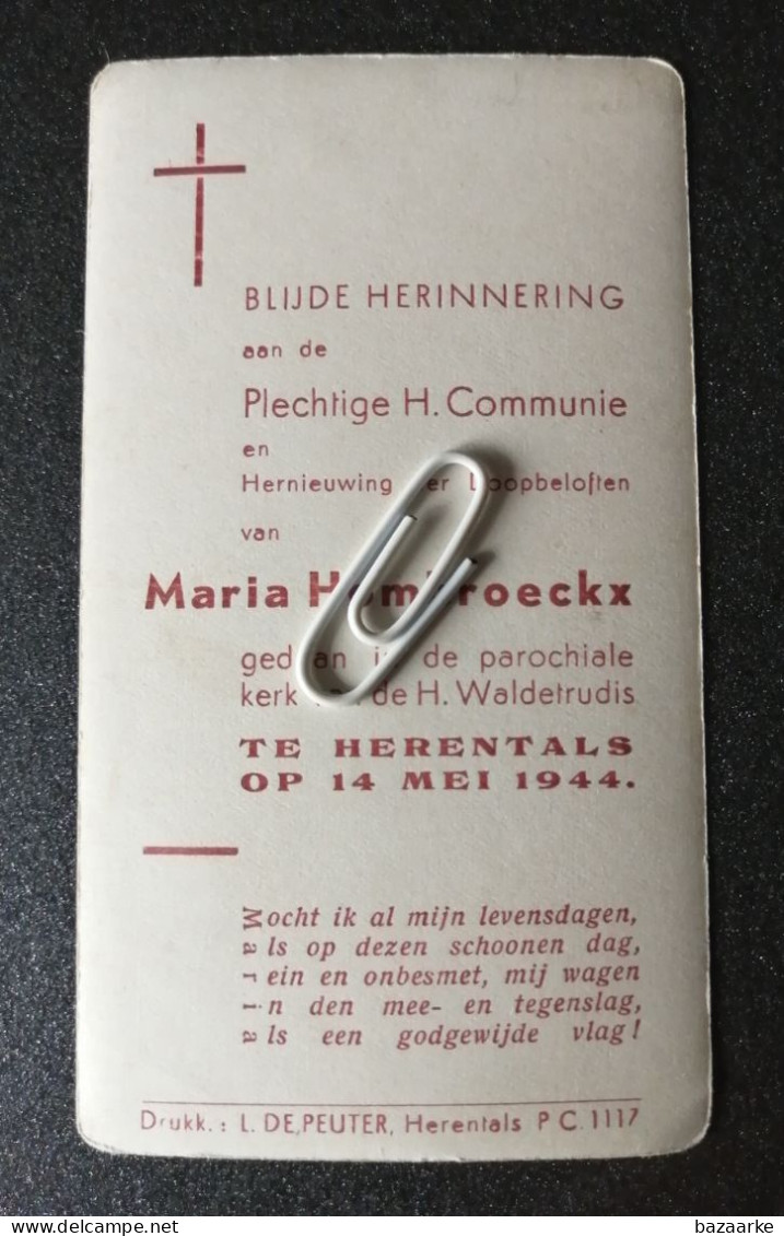 HERENTALS 1944  / HERINNERING PLECHTIGE H. COMMUNIE VAN MARIA HOMBROECKX - Comunión Y Confirmación