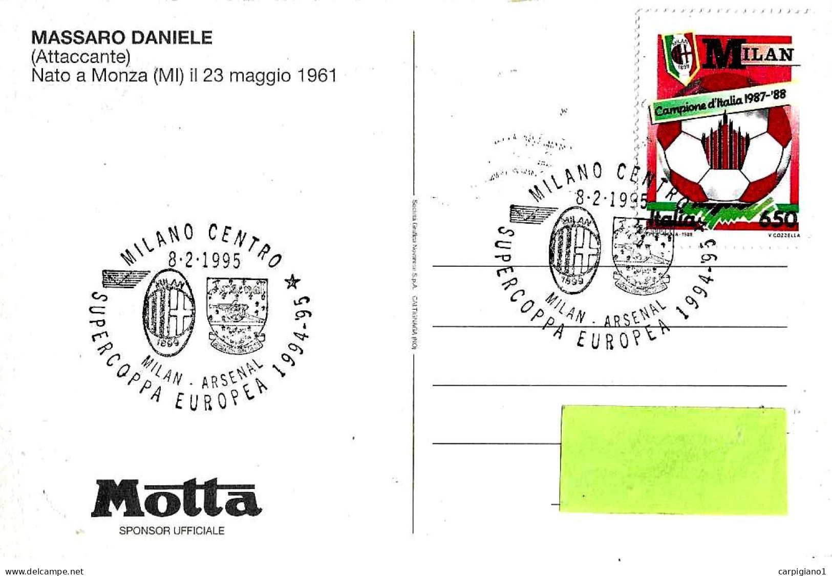 ITALIA ITALY - 1995 MILANO Supercoppa Europea Calcio MILAN-ARSENAL 2-0 Su Cartolina DANIELE MASSARO - 8172 - 1991-00: Storia Postale