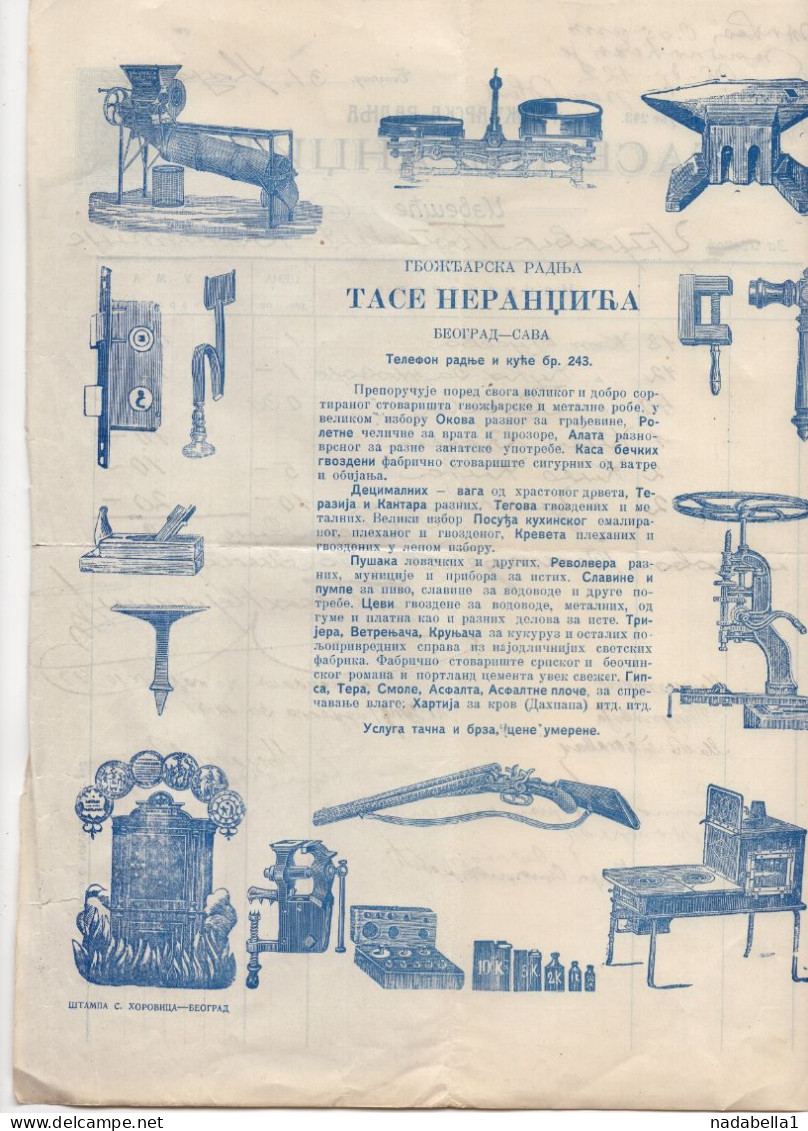 1919. KINGDOM OF SHS,SERBIA,IMPRINTED 5 PARA REVENUE STAMP,TASA NERANDZIC METAL WARE,INVOICE,GUN,MILL,SCALE,LOCK,PRESS - Entiers Postaux