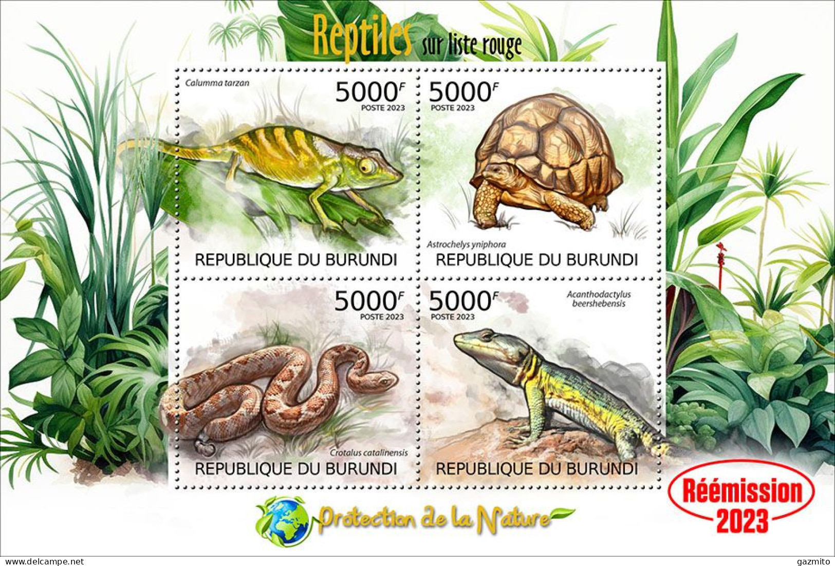 Burundi 2023, Animals, Lizard, Turtle, Snake, Re-issued, 4val In Block - Schlangen