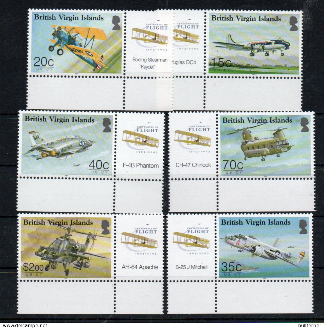 BRITISH VIRGIN ISLANDS - 2003- POWERED FLIGHT SET OF 6  MINT NEVER HINGED, SG CAT £11.65 - British Virgin Islands