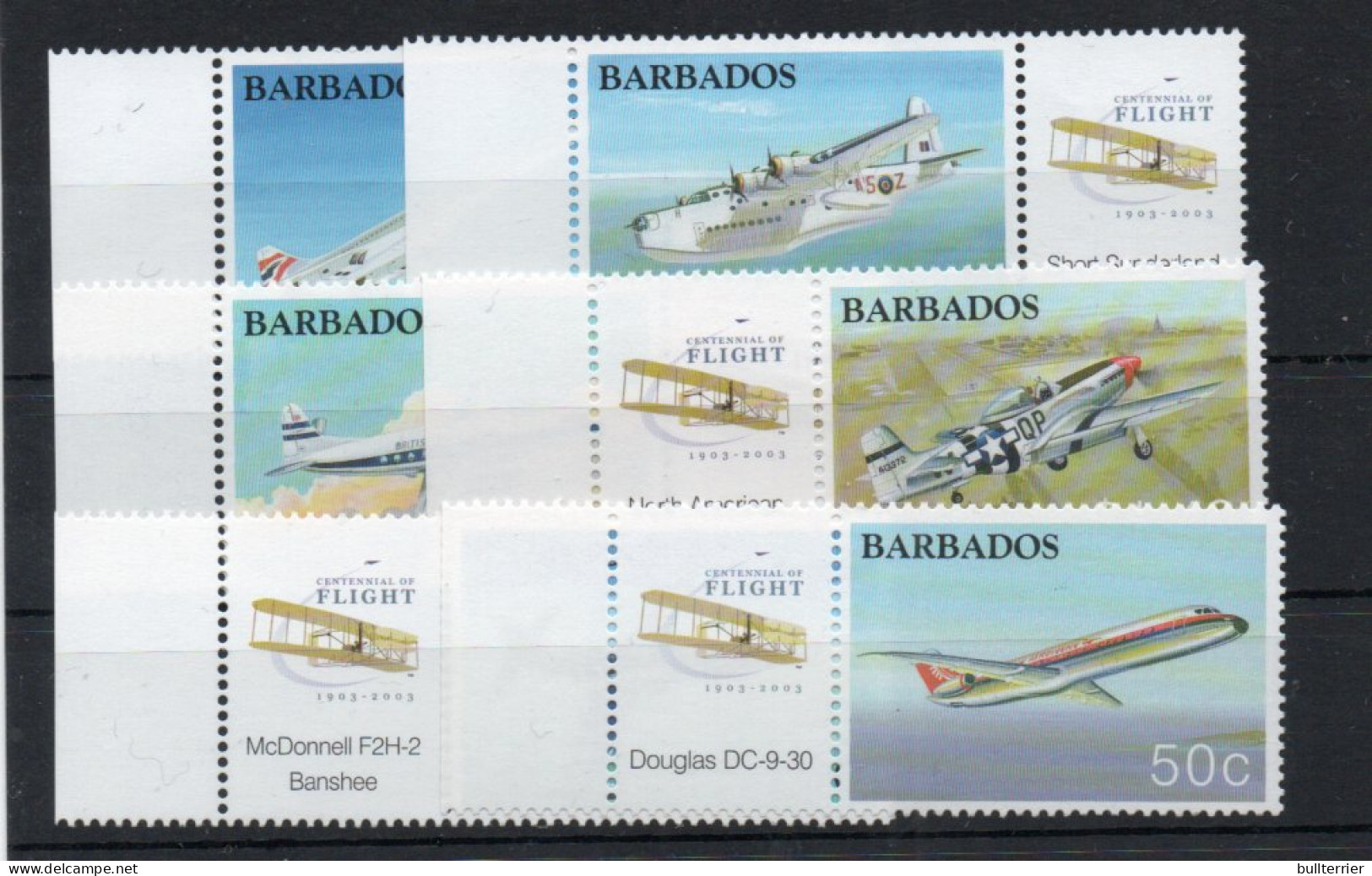 BARBADOS  - 2003- POWERED FLIGHT SET OF 6  MINT NEVER HINGED, SG CAT £11.40 - Barbados (1966-...)