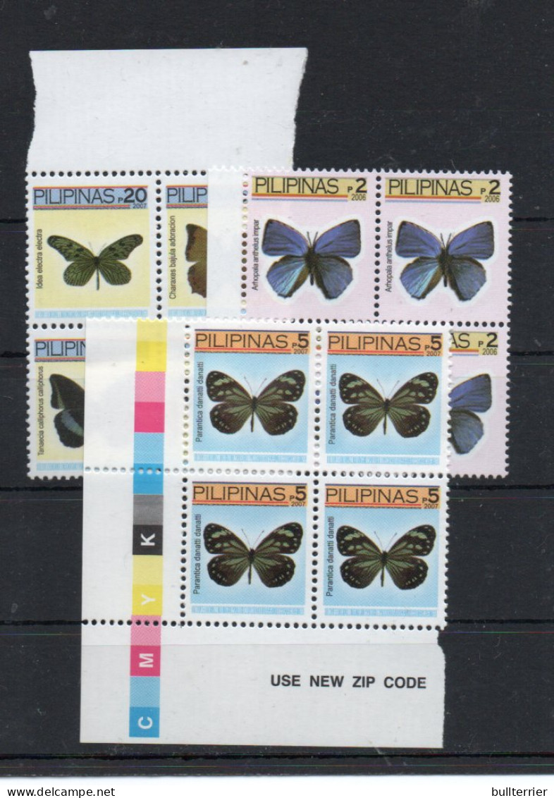 BUTTERFLIES  - PHILIPPINES - 2007 - BUTTERFLIES 2P,5P AND 20P BLOCKS OF 4  MINT NEVER HINGED ,SG £11.60 - Papillons