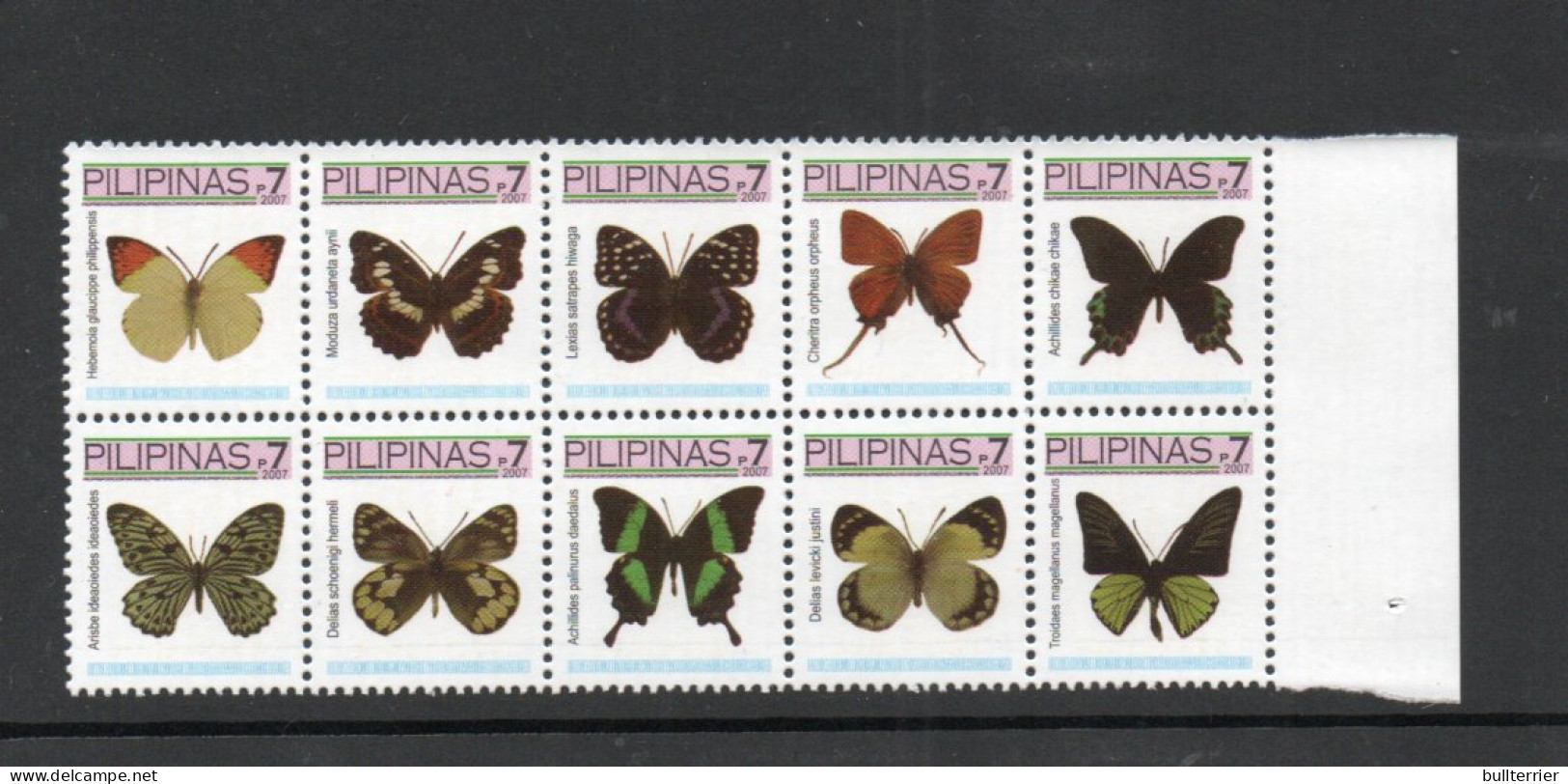 BUTTERFLIES  - PHILIPPINES - 2007 - BUTTERFLIES 7 PESO BLOCK OF 10  MINT NEVER HINGED  - Vlinders