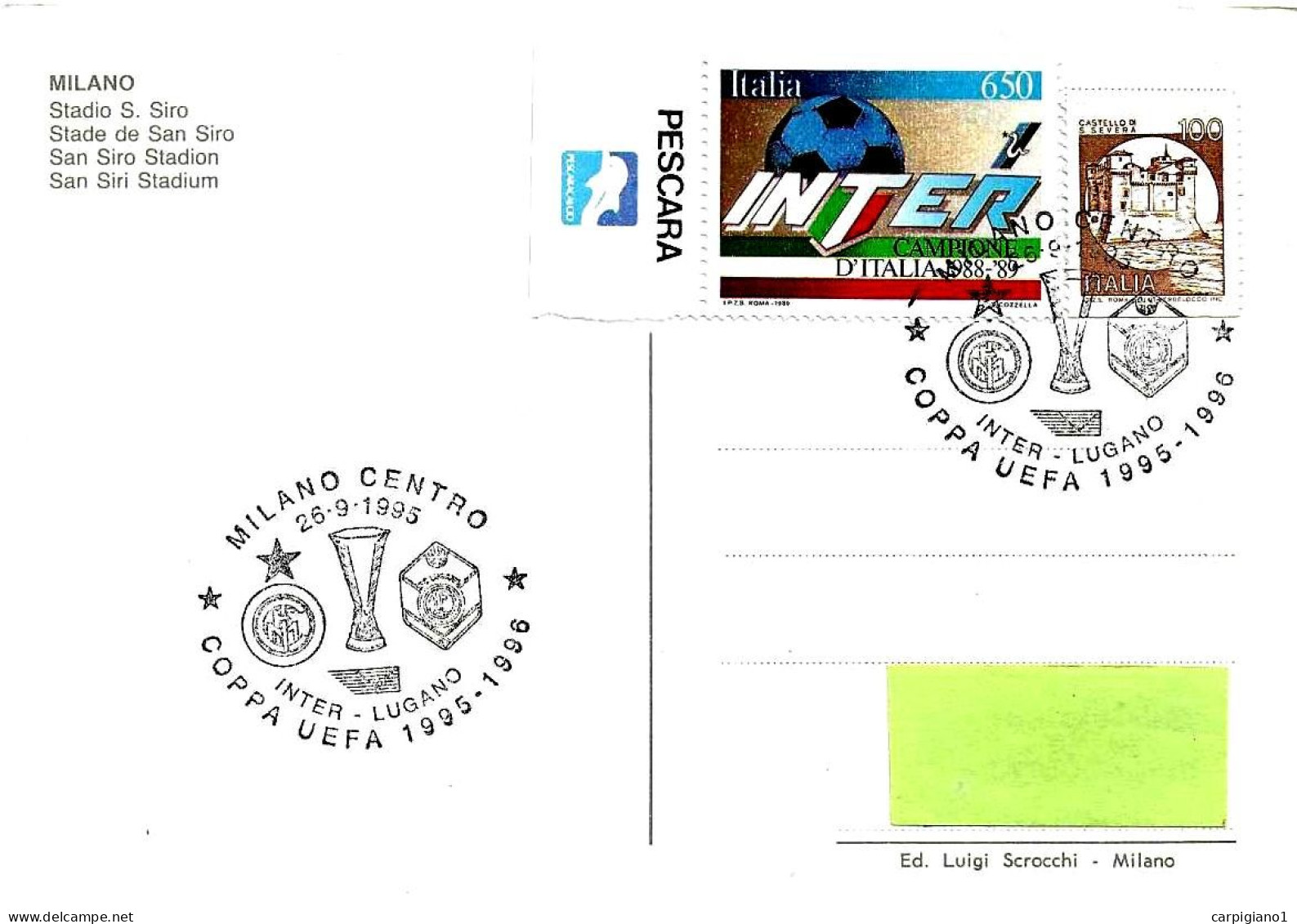 ITALIA ITALY - 1995 MILANO Coppa UEFA Calcio INTER-LUGANO 0-1 Su Cartolina Stadio San Siro - 8184 - 1991-00: Storia Postale