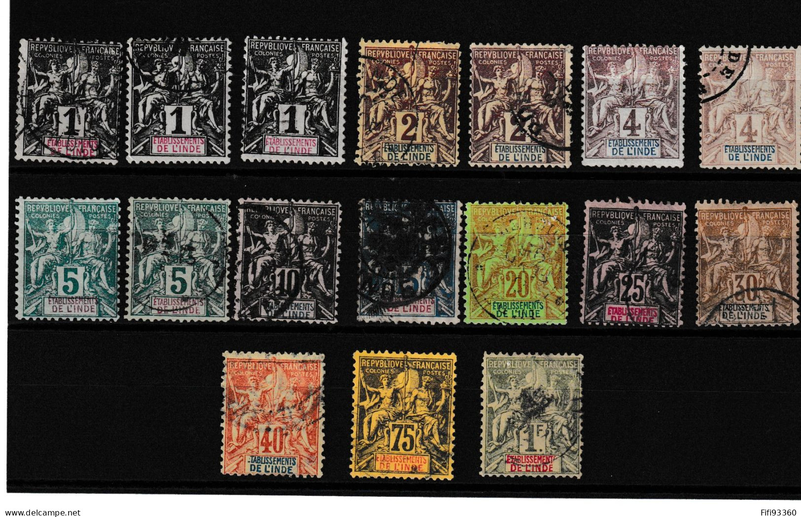 # Inde Française ; 1892  Type Groupe Yvert  N° 1 / 10 + 12/13 Oblitérés + Quelques Variétés De Teintes. - Usados