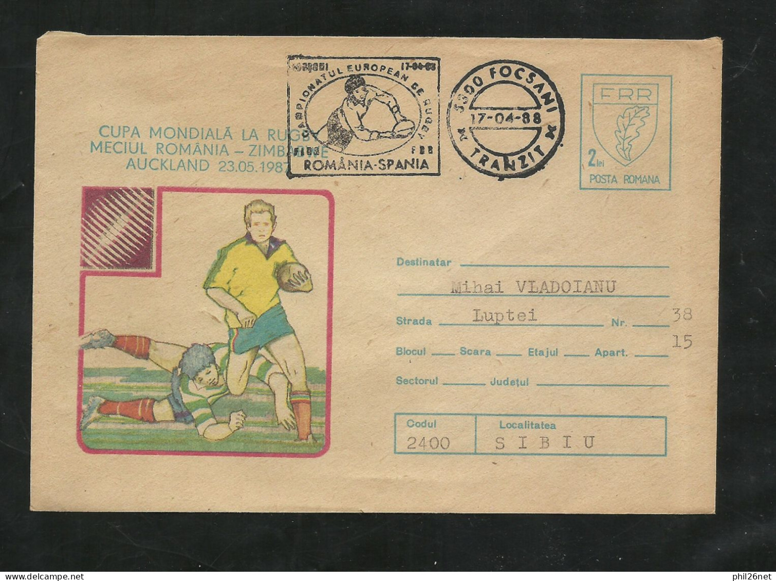 Roumanie Entier Postal Rugby 2 L FRR. Illustré Rugby Coupe 1987 Cachet Illustré Ch. Eur.Roumanie Espagne Le 7/4/1988 B/T - Rugby