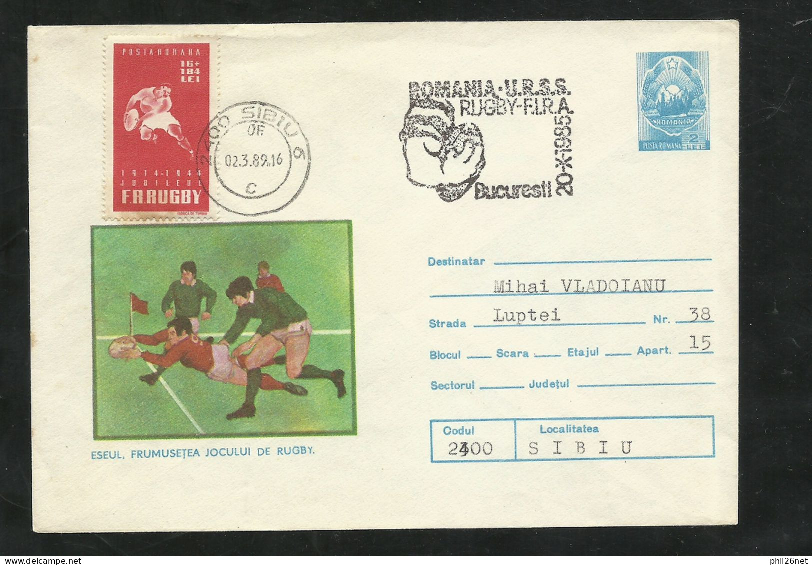 Roumanie Entier Postal 2 Lei Illustré Rugby FIRA Roumanie URSS Cachet Illustré De Sibiu 2/3/1989 Et Le N°769 Rugby B/TB - Rugby