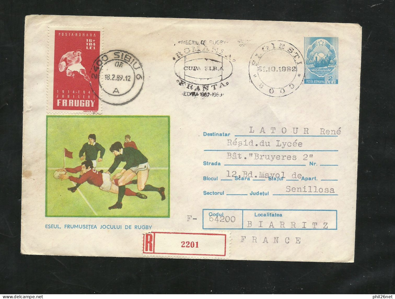Romane IRR Entier Postal 2 L Ill. Rugby Bucarest FIRA France Roumanie Envoi Rec. Sibiu à Biarritz 18/2/1989 N°769 Rugby - Rugby