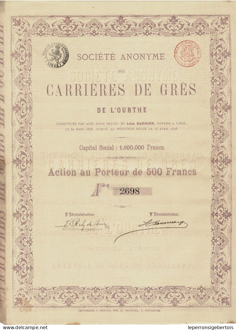 - Titre De 1878 - Société Anonyme Des Carrières De Grès De L'Ourthe - - Miniere