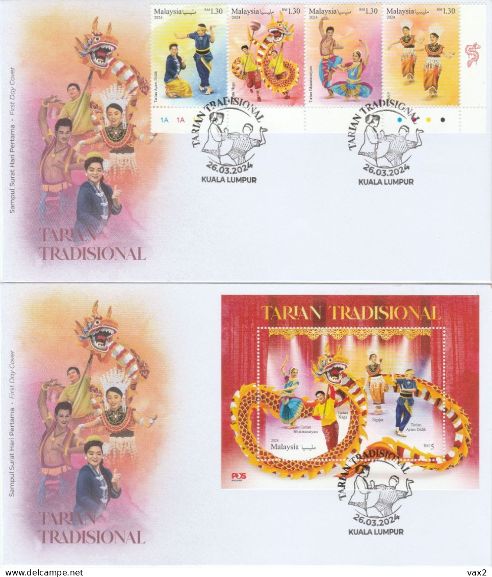 Malaysia 2024-3 Traditional Dance Set+M/S FDC (dragon, Plate, Color) Costume Chinese Indian Dragon Zodiac Unusual - Maleisië (1964-...)
