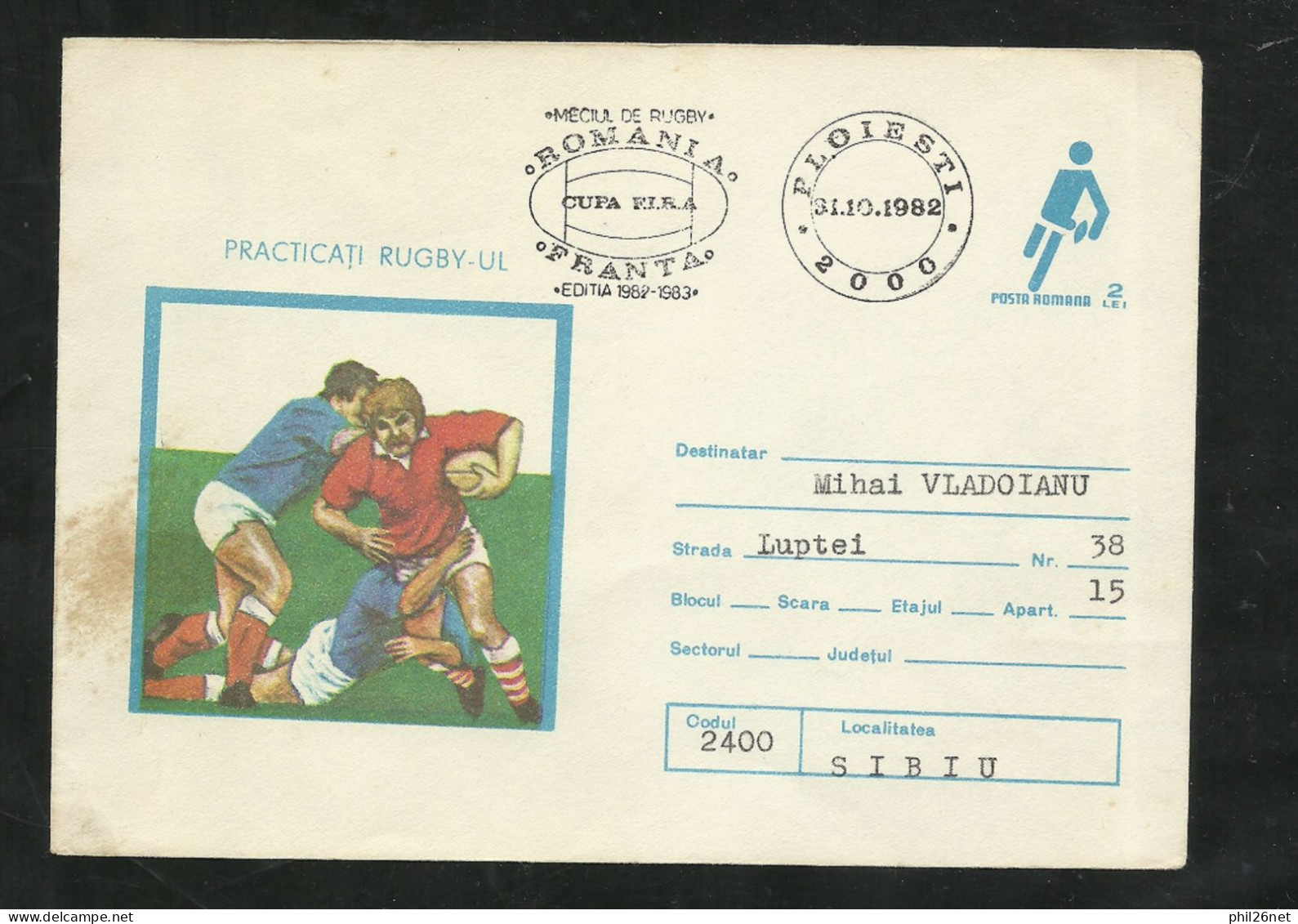 Roumanie Entier Postal Numéroté Rugby 2 L Type 2 Illustré Rugby Roumanie-France Coupe FIRA Circulée Ploiesti 31/10/1982 - Rugby