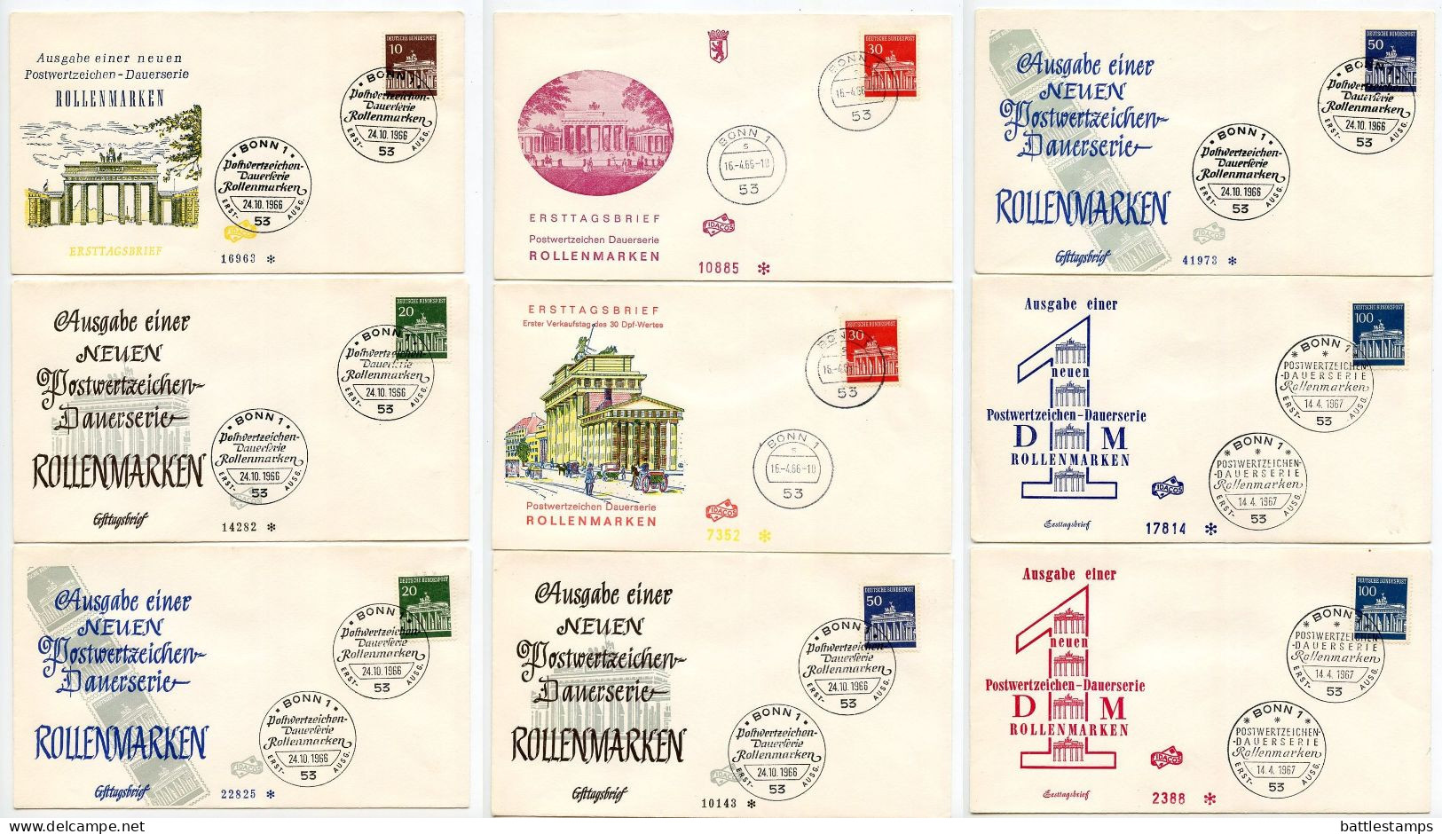 Germany, West 1966-68 9 FDCs Scott 952-956 Brandenburg Gate - 1961-1970