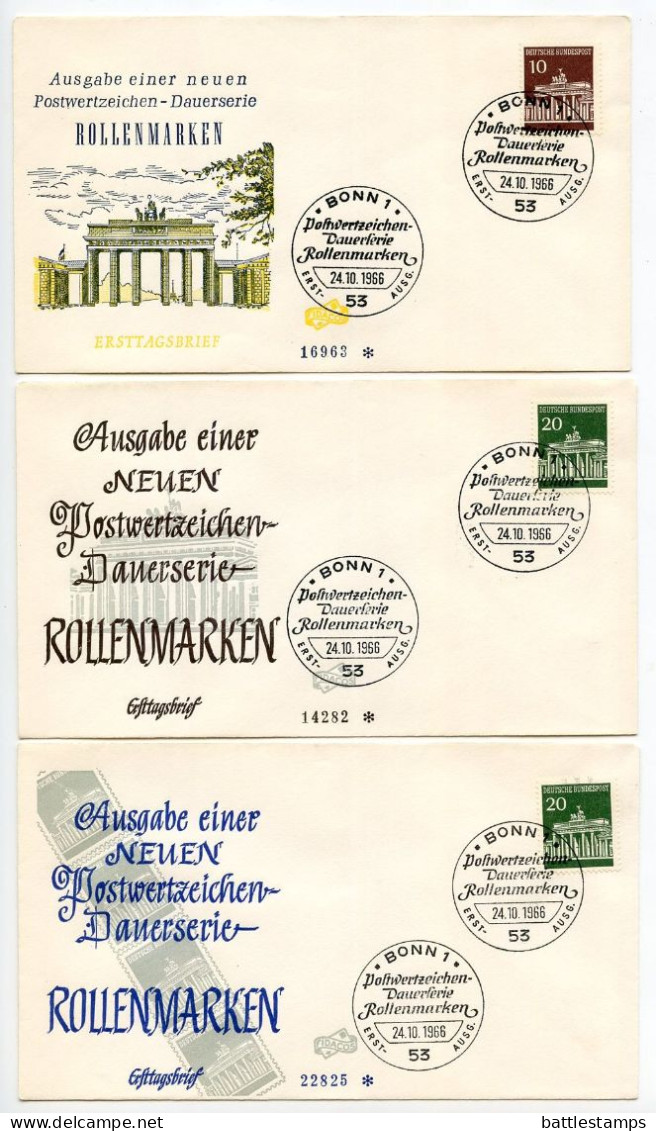 Germany, West 1966-68 9 FDCs Scott 952-956 Brandenburg Gate - 1961-1970