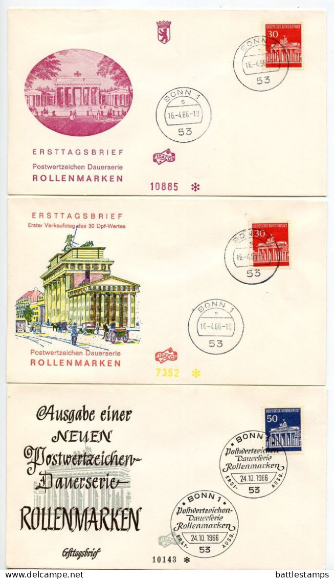 Germany, West 1966-68 9 FDCs Scott 952-956 Brandenburg Gate - 1961-1970