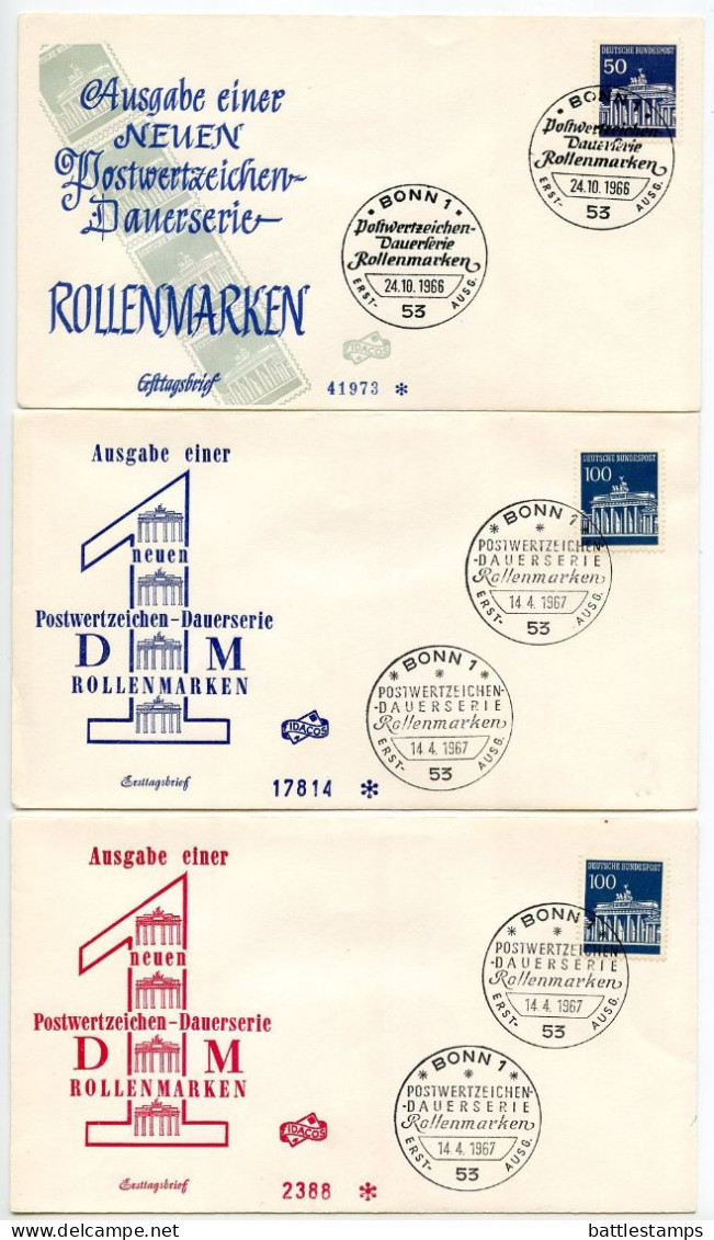 Germany, West 1966-68 9 FDCs Scott 952-956 Brandenburg Gate