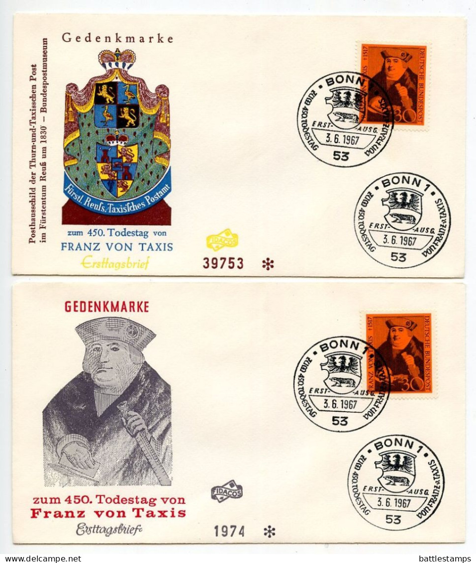 Germany, West 1967 2 FDCs Scott 971 Franz Von Taxis 450th Anniversary Of Death - 1961-1970