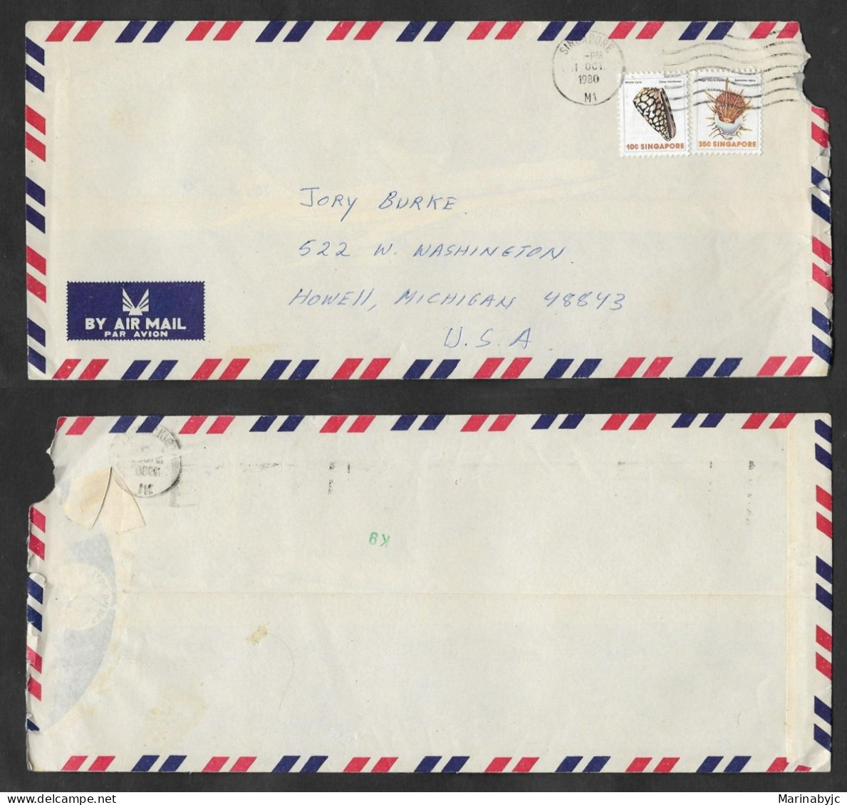 SE)1980 SINGAPORE, FROM THE SEASHELLS SERIES, AIRMAIL, COVER CIRCULATED TO USA, F - Singapore (1959-...)