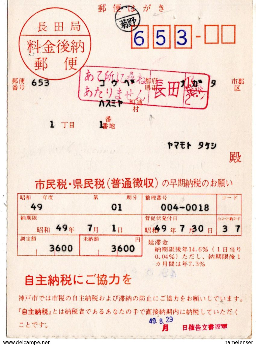 76481 - Japan - 1974 - Gebuehr-bezahlt-Eindruck A OrtsKte (Lokalsteuerbescheid) NAGATA, Als "unbekannt" Zurueck. - Cartas & Documentos