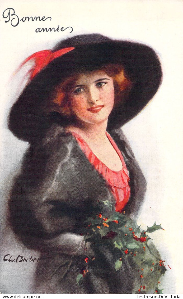 ILLUSTRATEUR - C Barber - Femme Au Chapeau Noir Et Ruban Rouge Avec Du Houx - Bonne Année - Carte Postale Ancienne - Barber, Court