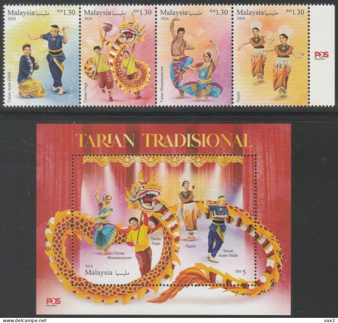Malaysia 2024-3 Traditional Dance Set+M/S MNH (logo) Costume Chinese Indian Dragon Zodiac Unusual - Malaysia (1964-...)