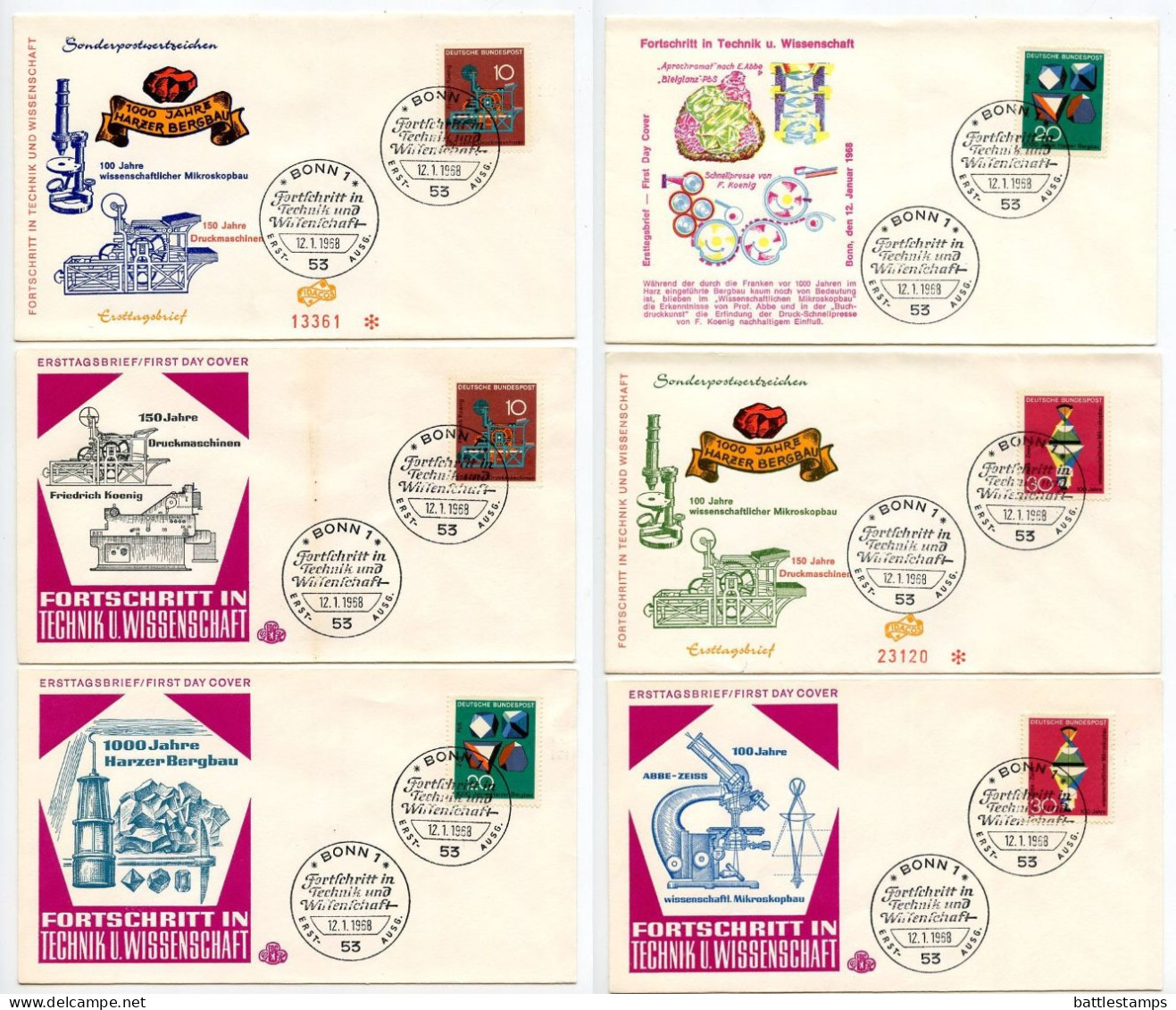 Germany, West 1968 6 FDCs Scott 978-980 Science & Technology - Koenig Printing Press, Mining & Microscope Construction - 1961-1970