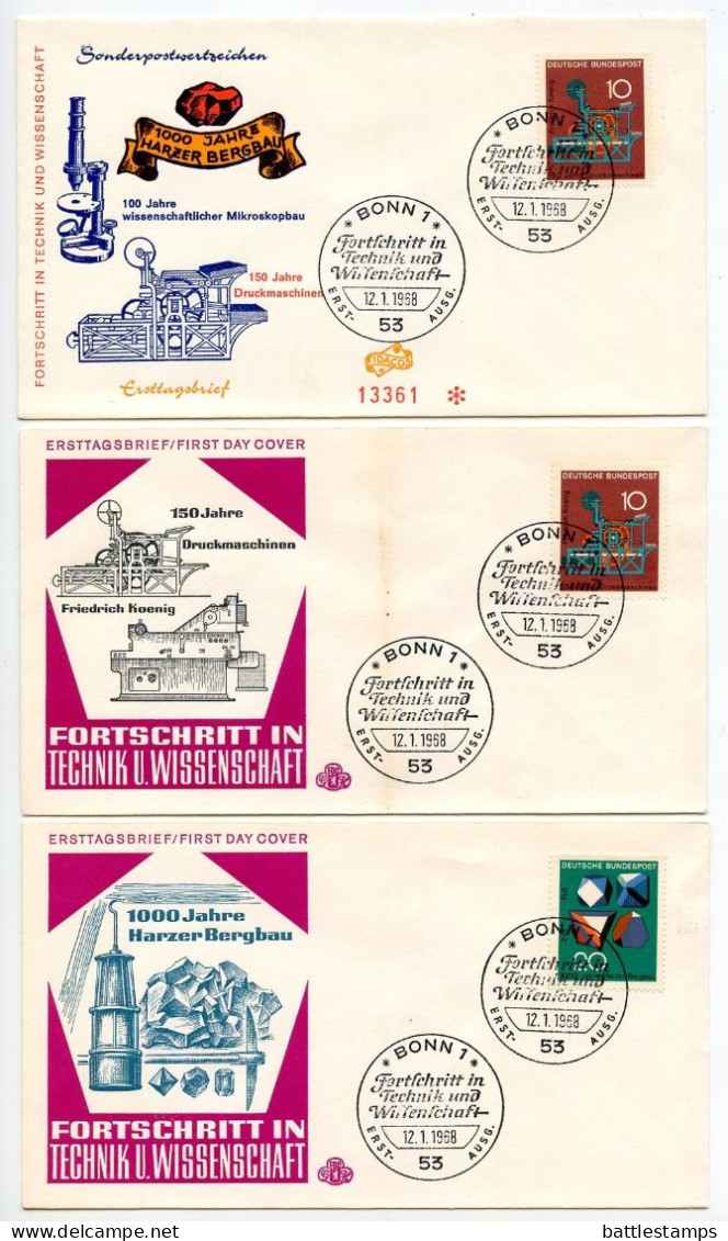 Germany, West 1968 6 FDCs Scott 978-980 Science & Technology - Koenig Printing Press, Mining & Microscope Construction - 1961-1970