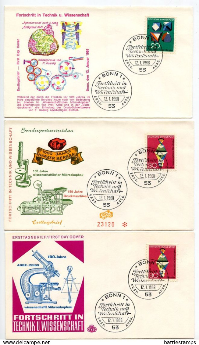 Germany, West 1968 6 FDCs Scott 978-980 Science & Technology - Koenig Printing Press, Mining & Microscope Construction - 1961-1970