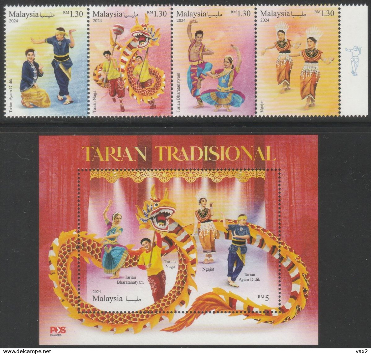 Malaysia 2024-3 Traditional Dance Set+M/S MNH (margin - Malay Dancer) Costume Chinese Indian Dragon Zodiac Unusual - Malaysia (1964-...)