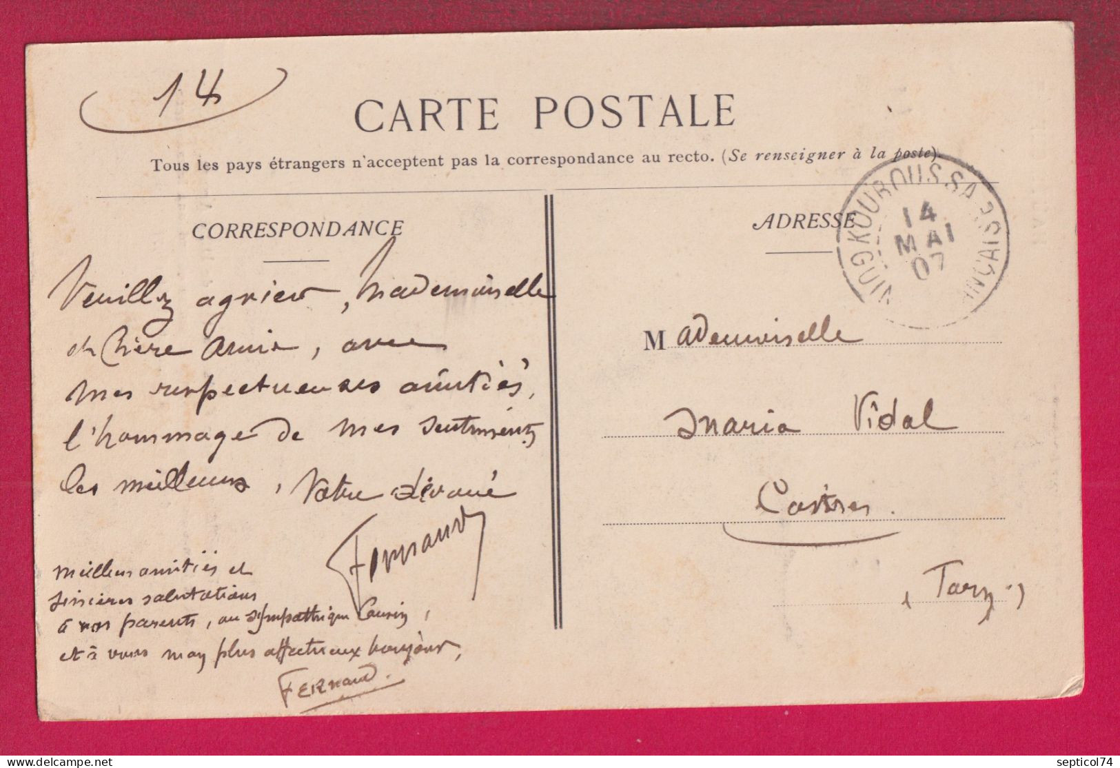 KOUROUSSA GUINEE FRANCAISE 1907 CARTE POSTALE POUR CASTRES TARN LETTRE - Brieven En Documenten