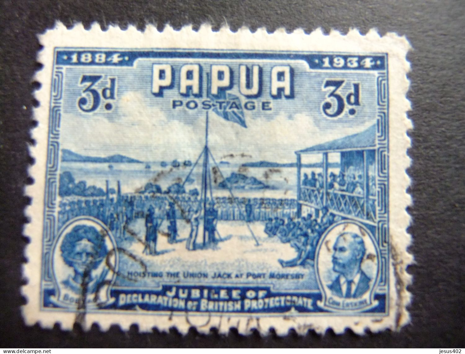 52 PAPUA NEW GUINEA PAPOUSIE 1934 / CINCUENTENARIO DEL PROTECTORADO BRITANICO / YVERT 99 FU Defec. - Papoea-Nieuw-Guinea