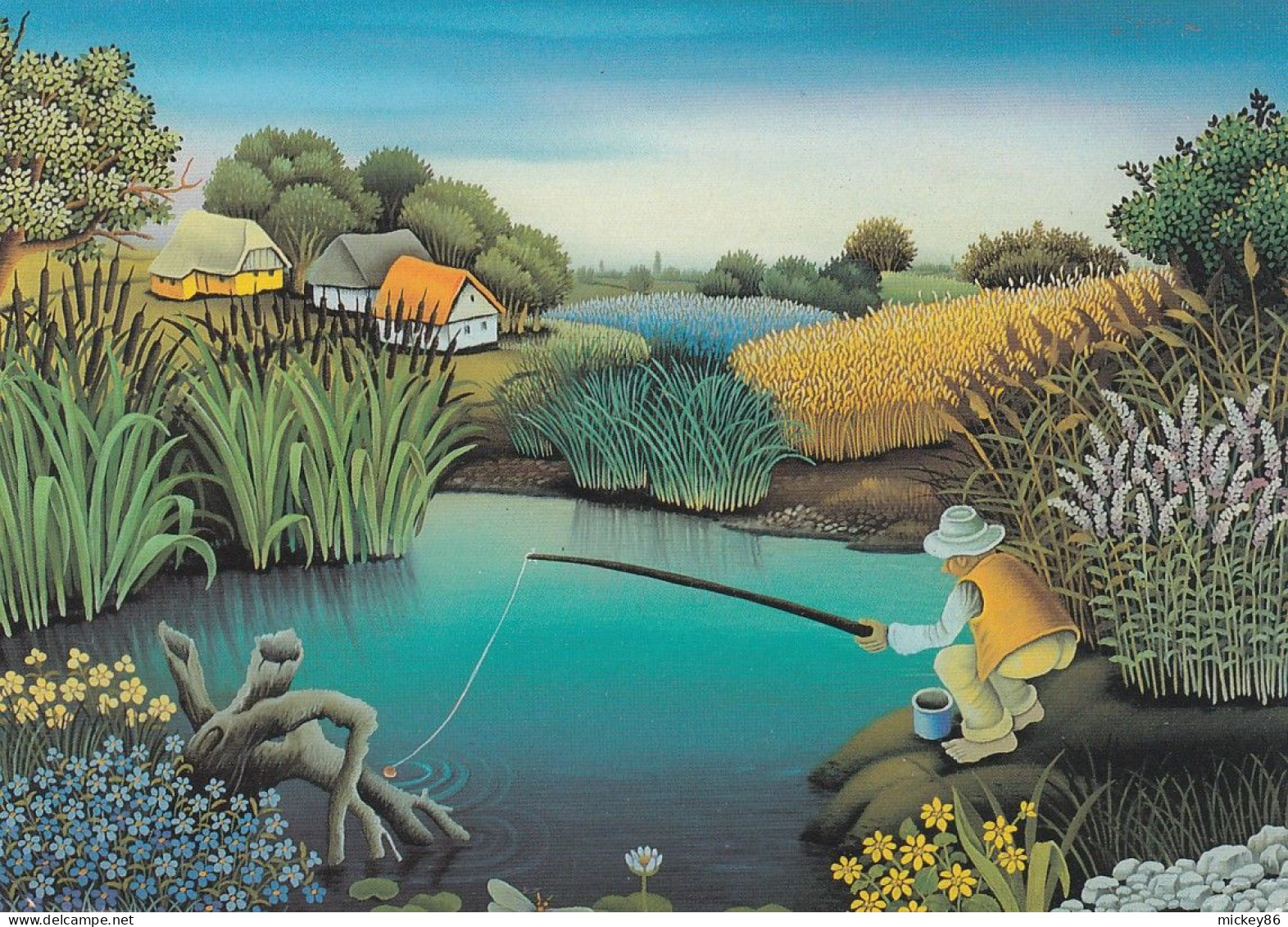 Illustrateur ??????--- Partie De Pêche  (peinture Naive) .... - Contemporain (à Partir De 1950)