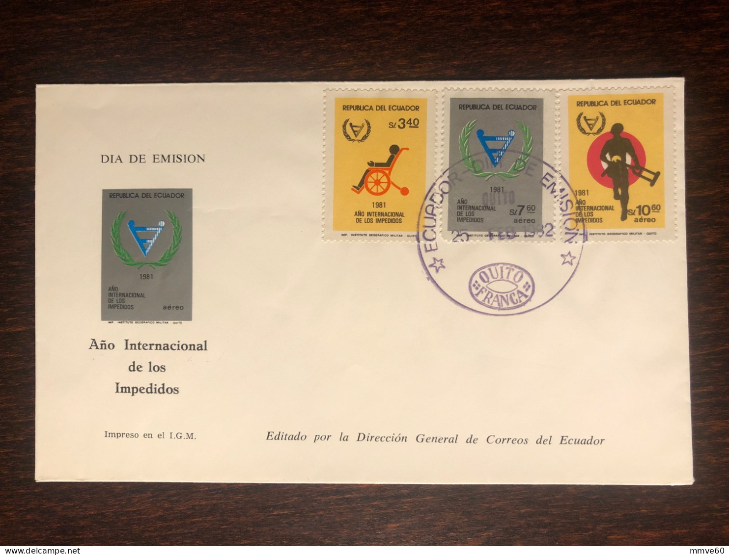 ECUADOR FDC COVER 1981 YEAR DISABLED PEOPLE HEALTH MEDICINE STAMPS - Ecuador