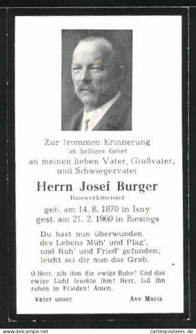 Sterbebild Josef Burger, Bauwerkmeister Aus Isny 1870 - 1960  - Documents