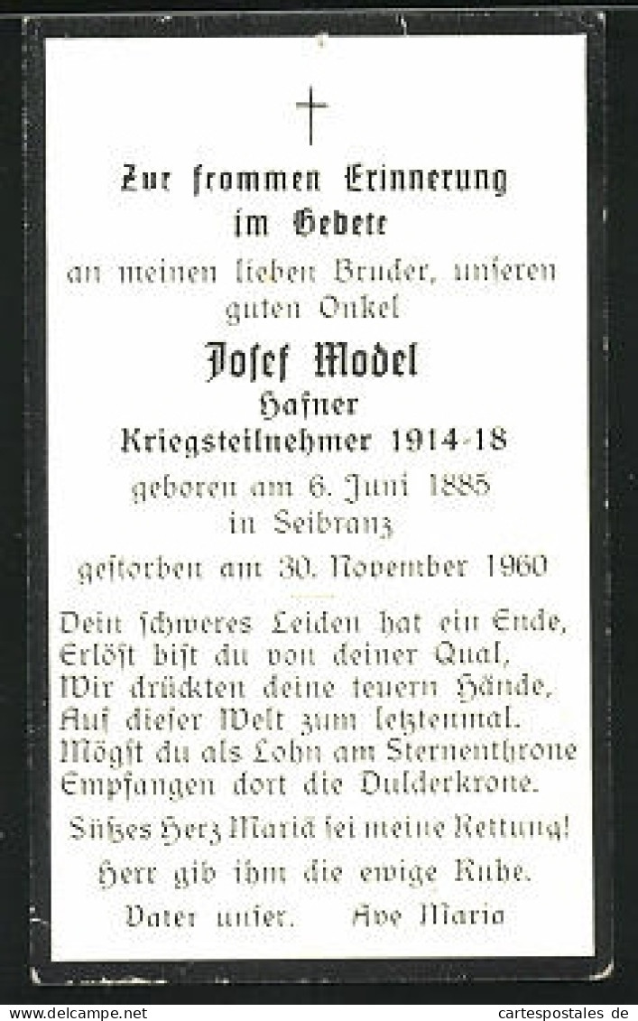 Sterbebild Josef Model, 1885-1960, Kriegsteilnehmer 1914-18  - Documents