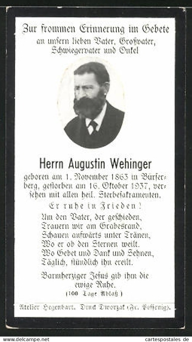 Sterbebild Augustin Wehinger Aus Bürserberg, 1863-1937, Foto-Portrait  - Documents
