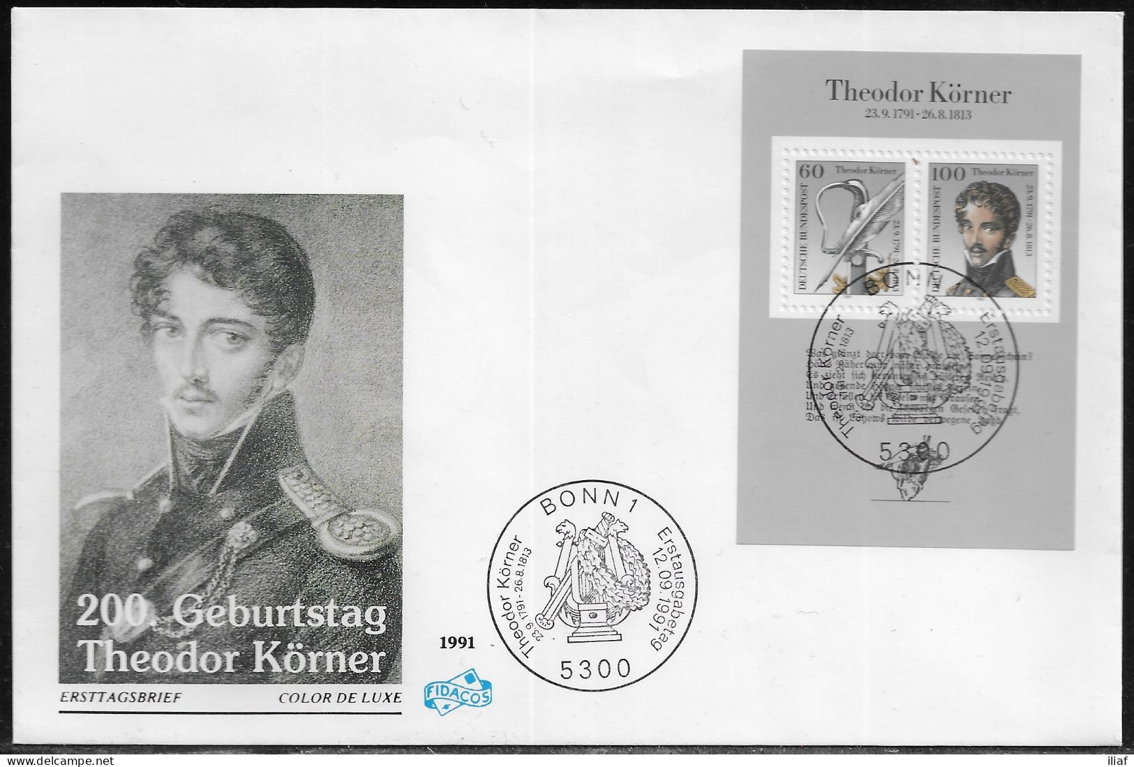 Germany. FDC Mi. BL25. Souvenir Sheet.  Birth Bicentenary Of Theodor Körner. FDC Cancellation On Cachet Special Envelope - 1991-2000