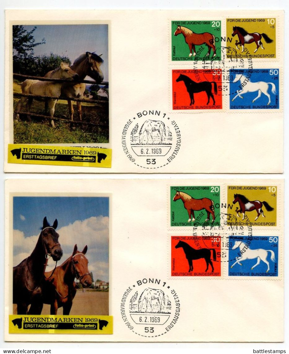 Germany, West 1969 2 FDCs Scott B442-B445 Horses - Pony, Work Horse, Hotblood, Thoroughbred - 1961-1970