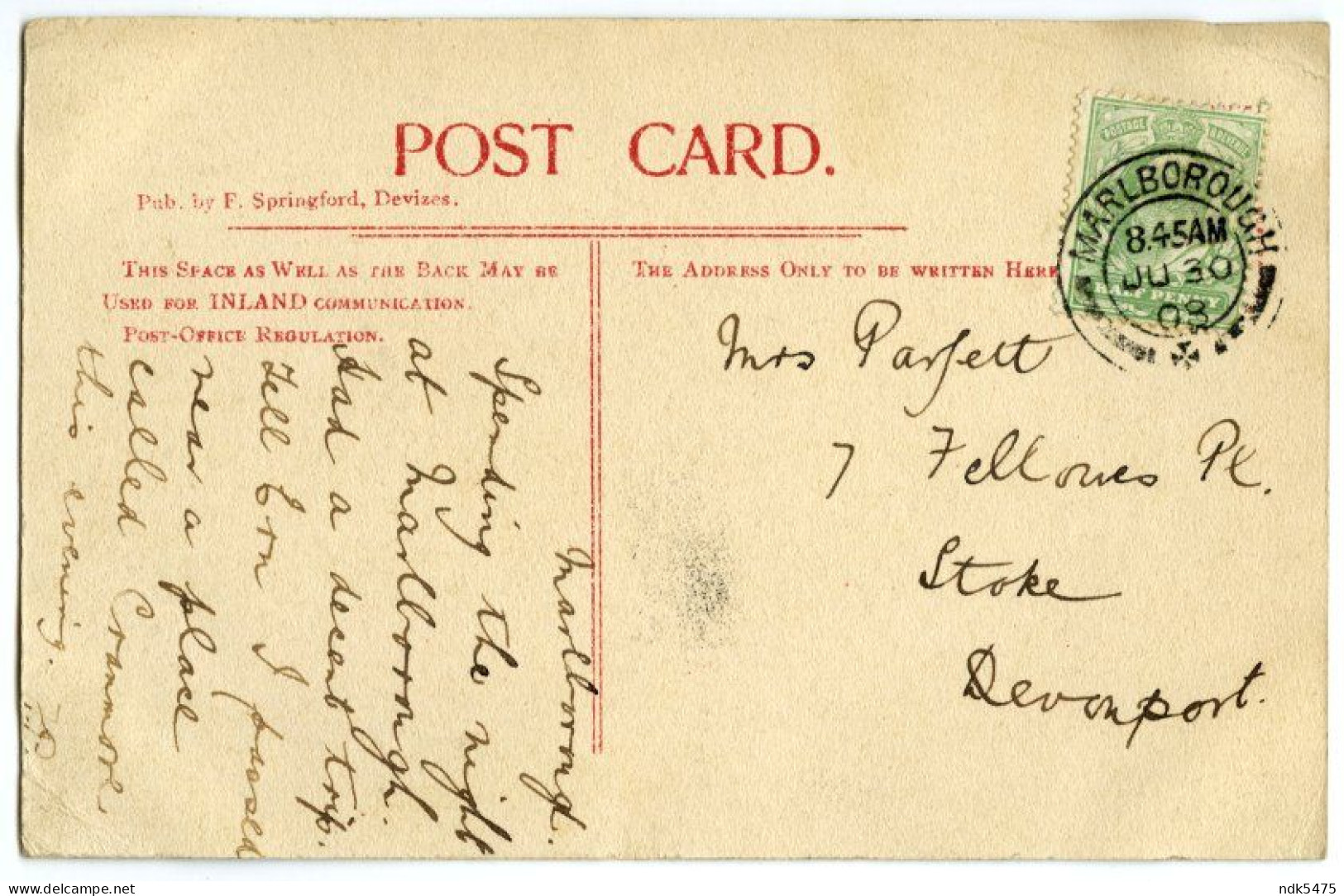 DEVIZES : CANAL LOCKS / MARLBOROUGH POSTMARK / DEVONPORT, STOKE, FELLOWES PLACE (PARFETT) - Autres & Non Classés